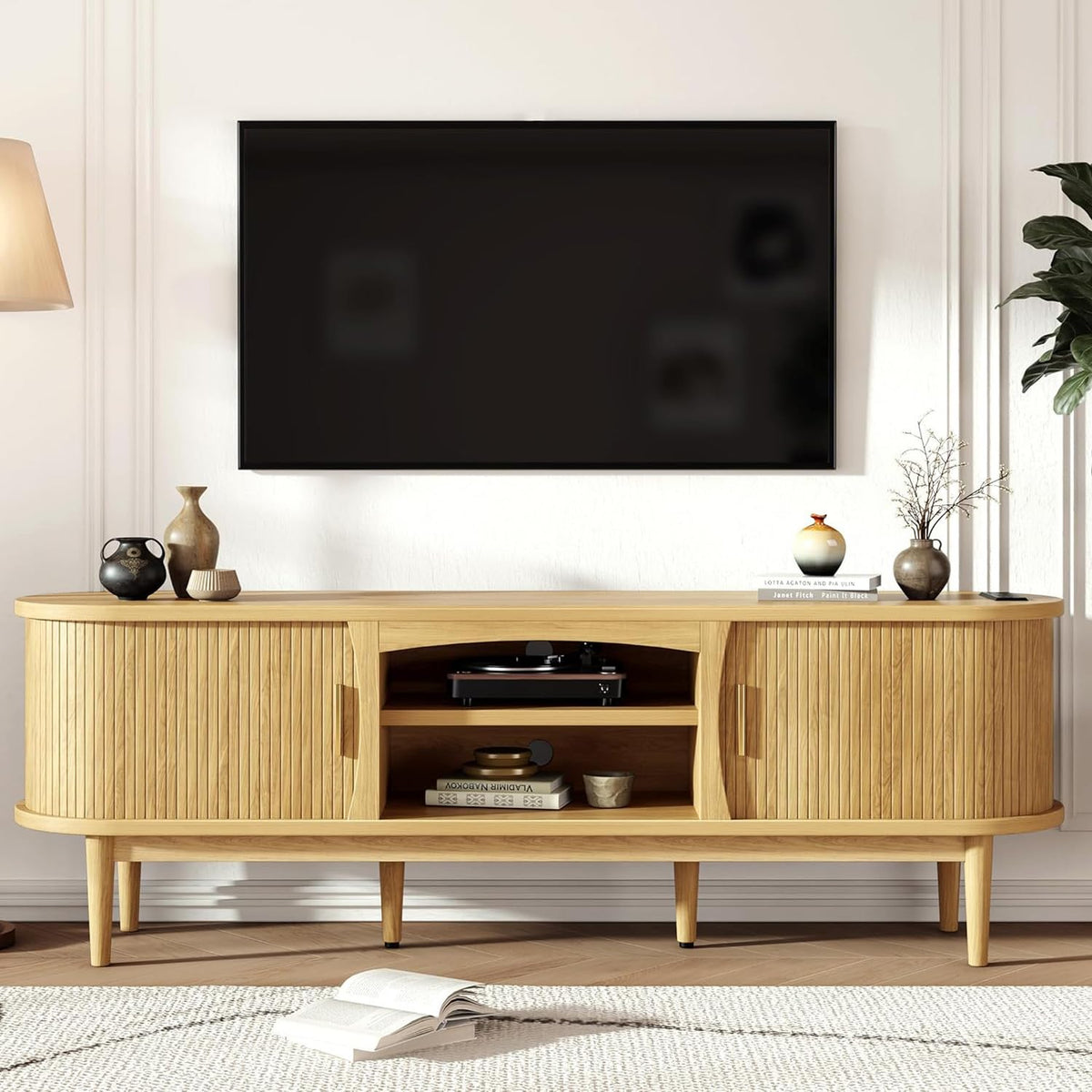 Decofy Mid Century TV Stand for TVs up to 65 Inches, Entertainment Center with Storage, Power Outlet, Fluted Sliding Doors & Adjustable Shelves, Modern Media TV Console Table for Living Room (Walnut)