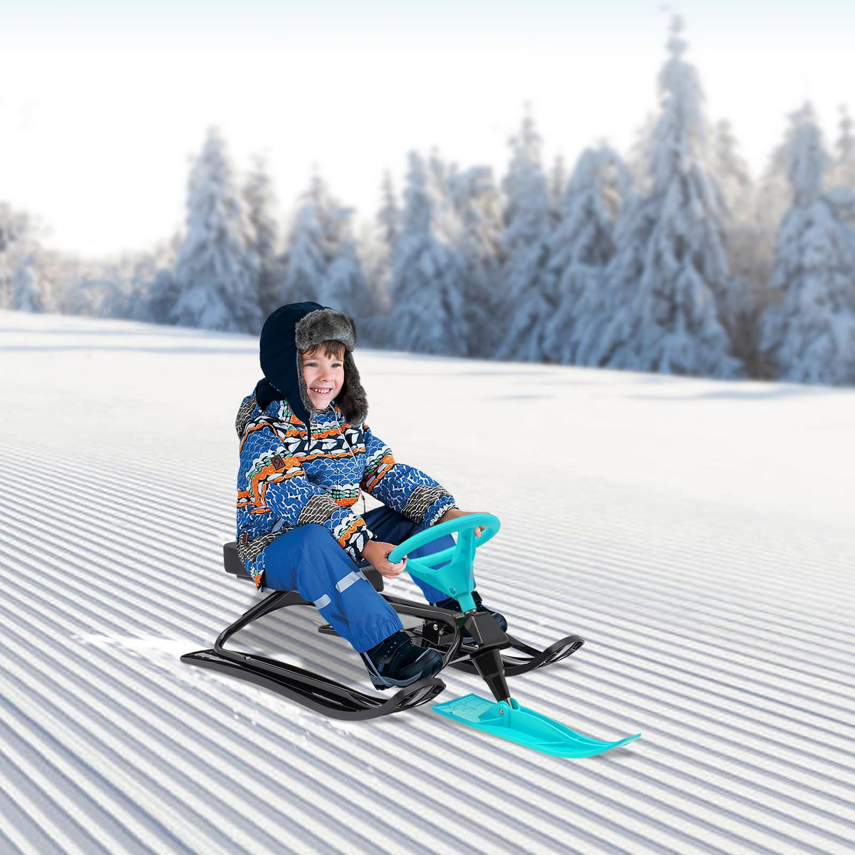 Snow Racer Sled, 220Lbs Capacity Ski Sled Slider Board Kids Teens Winter Sport Sled Metal Snow Sand Grass Slider w/Steering Wheel & Double Brakes for Skiing Ice Skating Sand Skating