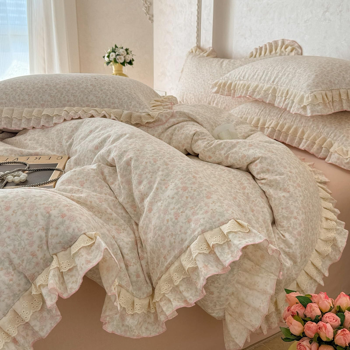 Floral Duvet Cover Set Muslin Cotton Queen(90"x90"),Pink Flower