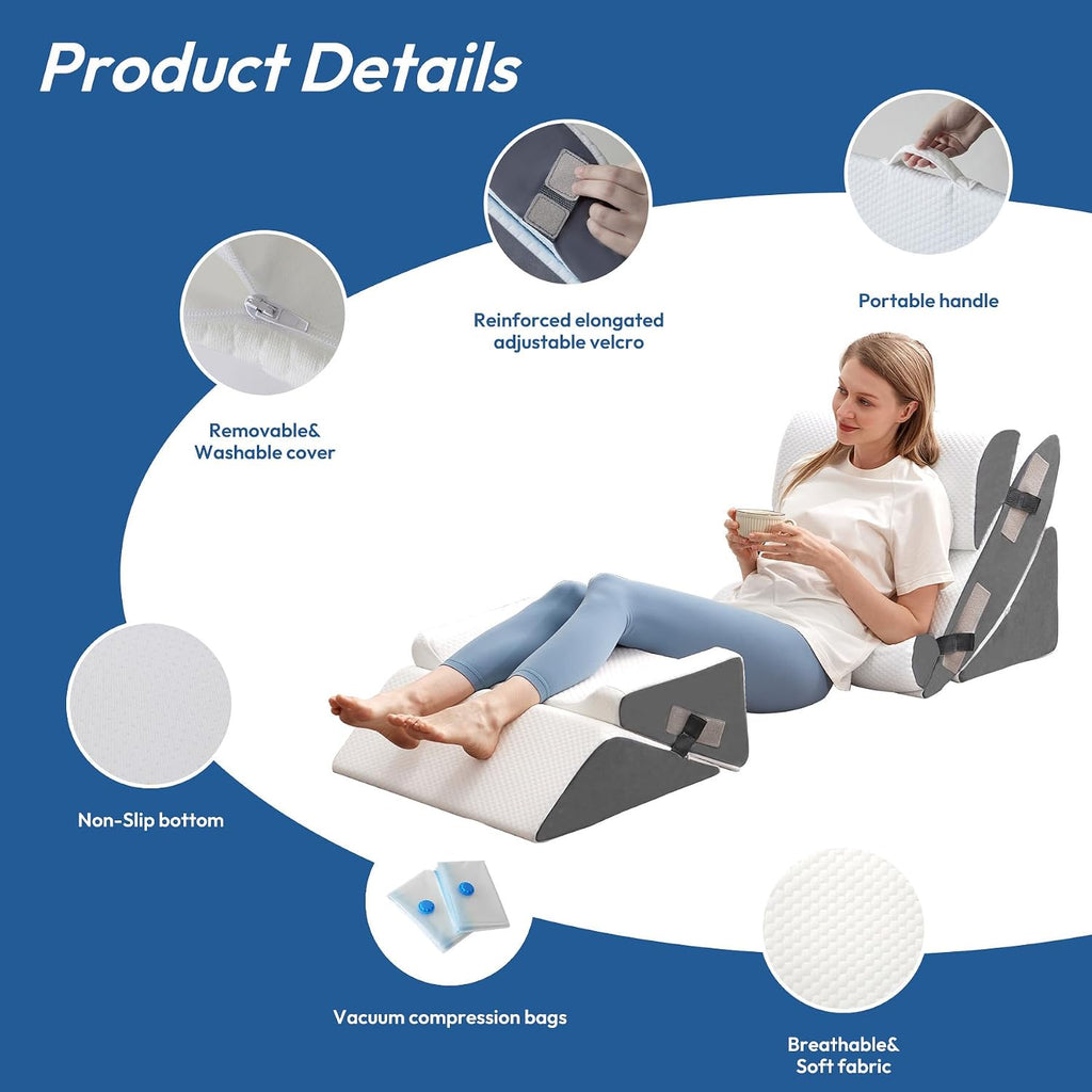 Ahpmeoa 6PCS Wedge Pillow Set for After Surgery, Bed Wedge Pillow Post Surgery, Bed Pillows for Sitting Up, Sleeping, Acid Relux, Memory Foam Back Pillow, Beds Wedges & Body Positioners, White/Grey