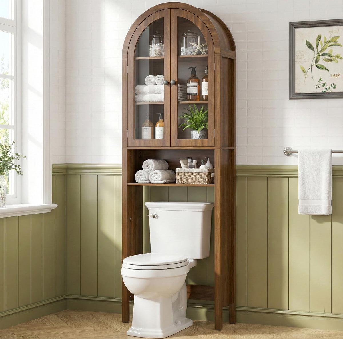 Arched Over The Toilet Storage Cabinet with Fluted Doors, Bathroom Shelf