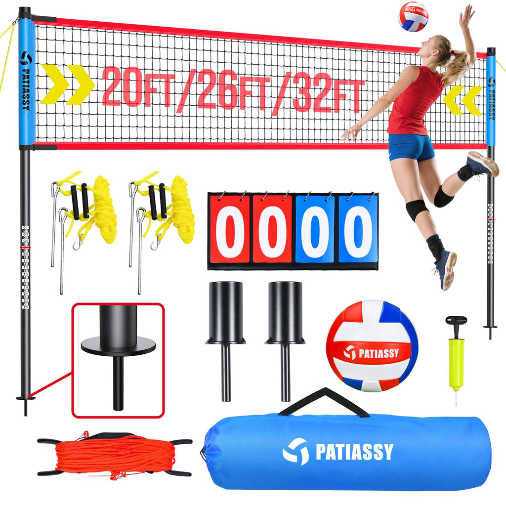 Portable Volleyball Net Set for Backyard, Adjustable Width (32/26/20FT) & Height, Anti-Sag Tension Design for Outdoor Stability, PU Volleyball with Pump, Carry Bag