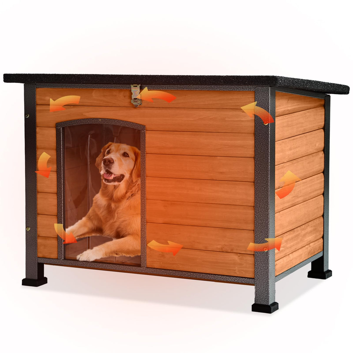 GUTINNEEN Heated Dog House Outdoor Insulated Dog House Weatherproof Dog Kennel with Thermostat-Controlled Heating Pad, 6-Sided Thermal Liner, Chew-Proof Metal Frame for Dogs