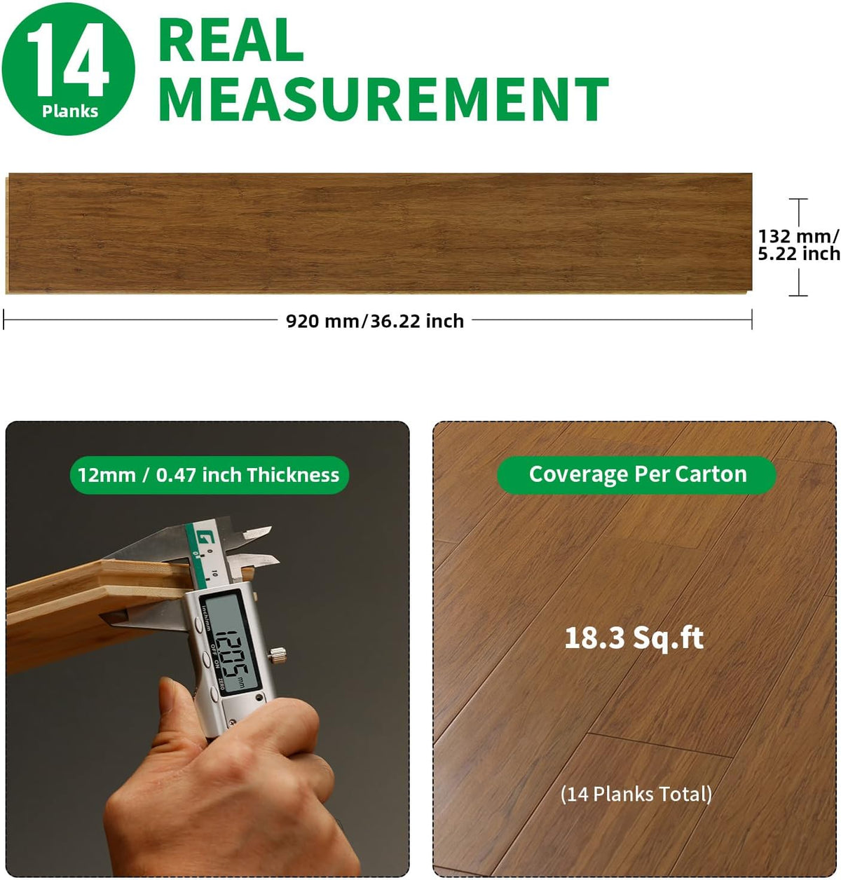 Carbonized Solid Strand Woven Bamboo Flooring 36.22” W X 5.2” L X 0.47” H Wood Texture Wear-Resistant, Moisture-Proof Tongue and Groove Bamboo Floor (14 Pieces/Box,18.3 Sq.Ft)
