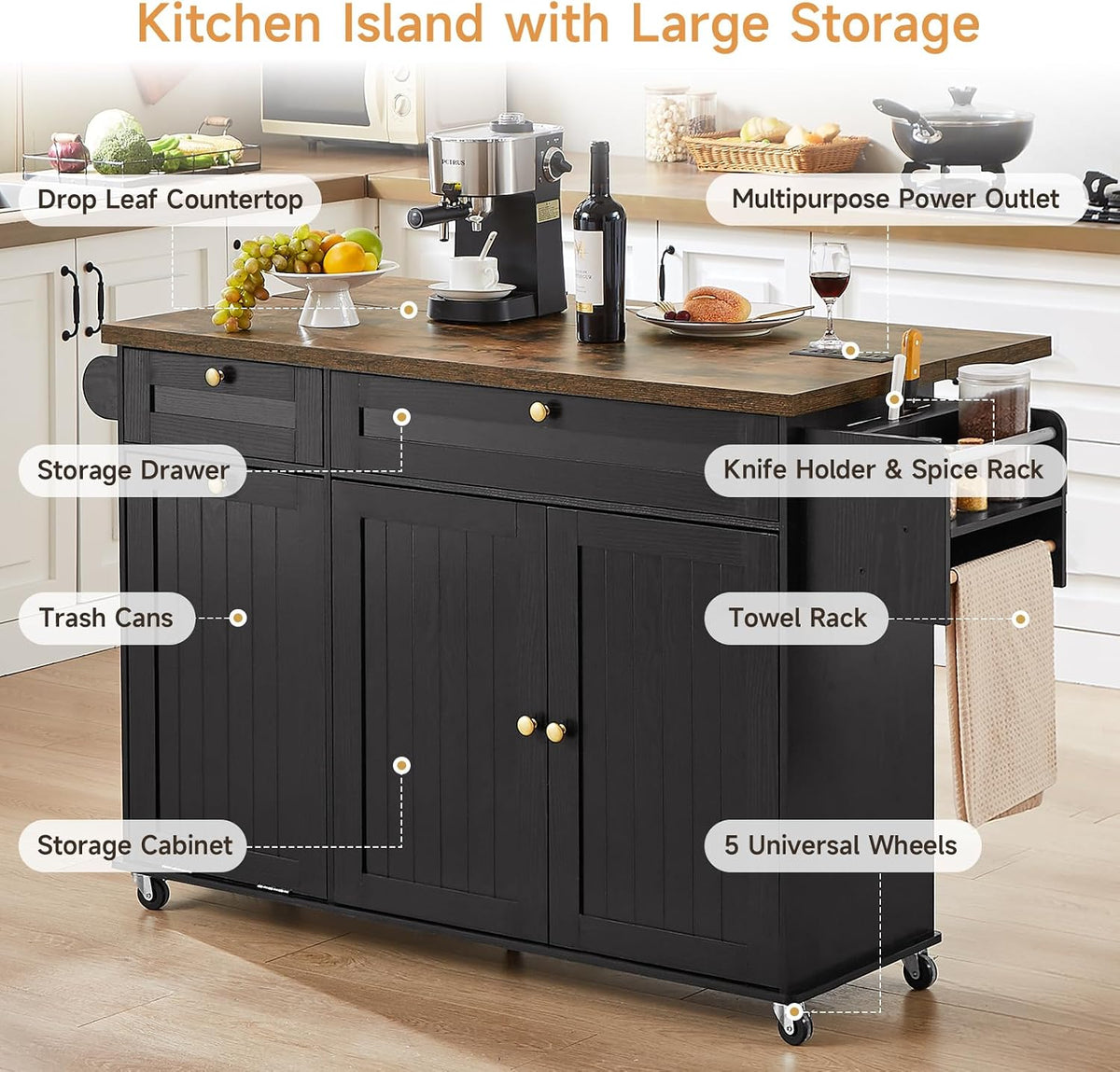 ONBRILL 60" Kitchen Island with Trash Can Storage, Rolling Island Table