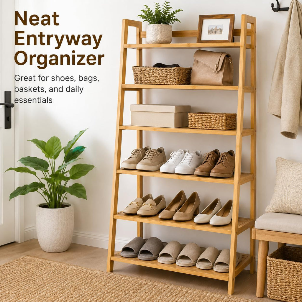 4-Tier Bamboo Bookshelf Ladder Shelf Plant Stand Rack, Wood Bookshelf Natural Wood Shelving Unit, Space-Saving Leaning Bookcase with Sturdy Frame, Bamboo Shelf Decorative Display R