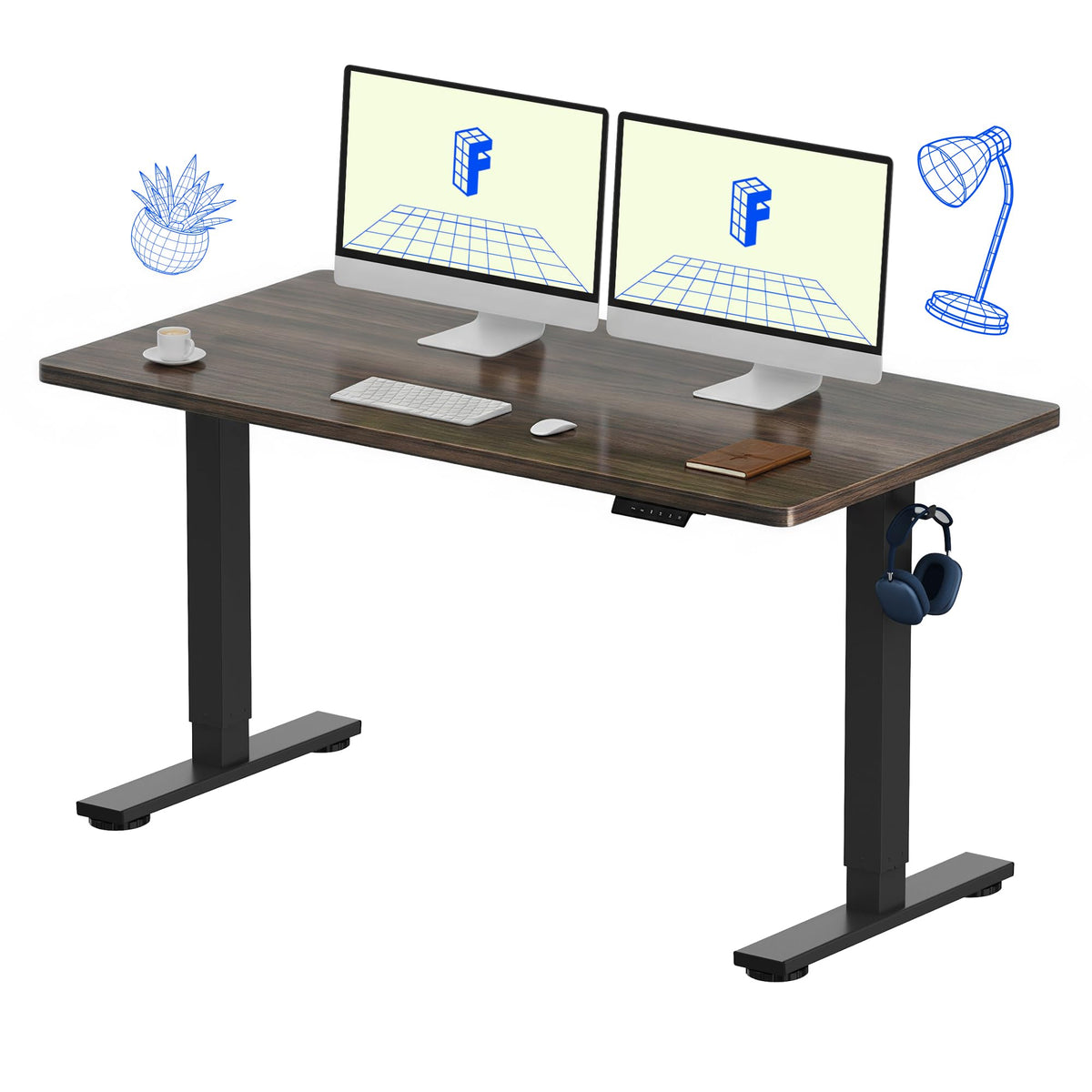 FLEXISPOT EN1 One-Piece Standing Desk, Electric Adjustable with 4 Memory Presets, 176 LBS Capacity, Stable & Quiet, Seamless Desktop for Home Office & Dual Monitors, 48"x24" Black Walnut