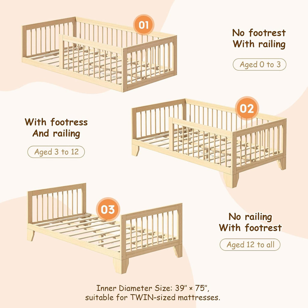 EXPERLAM Twin Montessori Floor Bed for Kids, Removable Rails, Burlywood