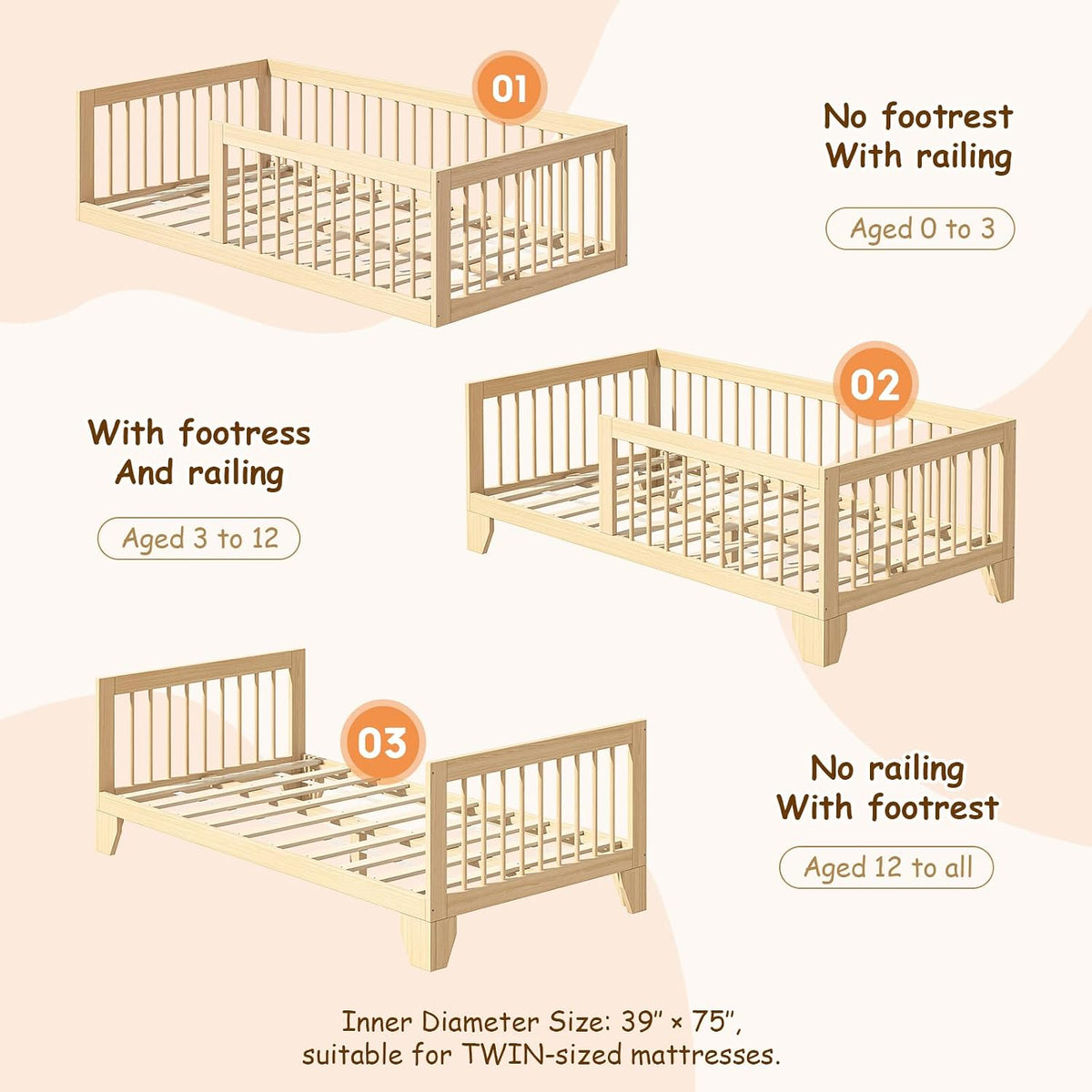 EXPERLAM Twin Montessori Floor Bed for Kids, Removable Rails, Burlywood