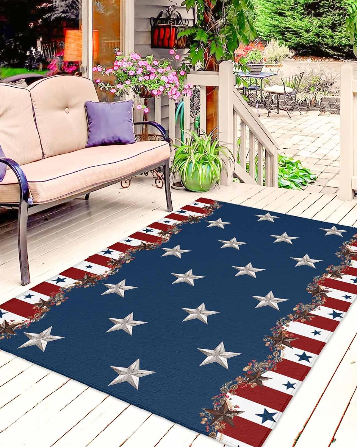 Independence Day Country Star Outdoor Rug 5x8ft, Waterproof Indoor Outdoor Rug for Patio, 4th of July Camping Carpet Mat Outside Area Rug for RV Picnic Beach Balcony Deck Backyard