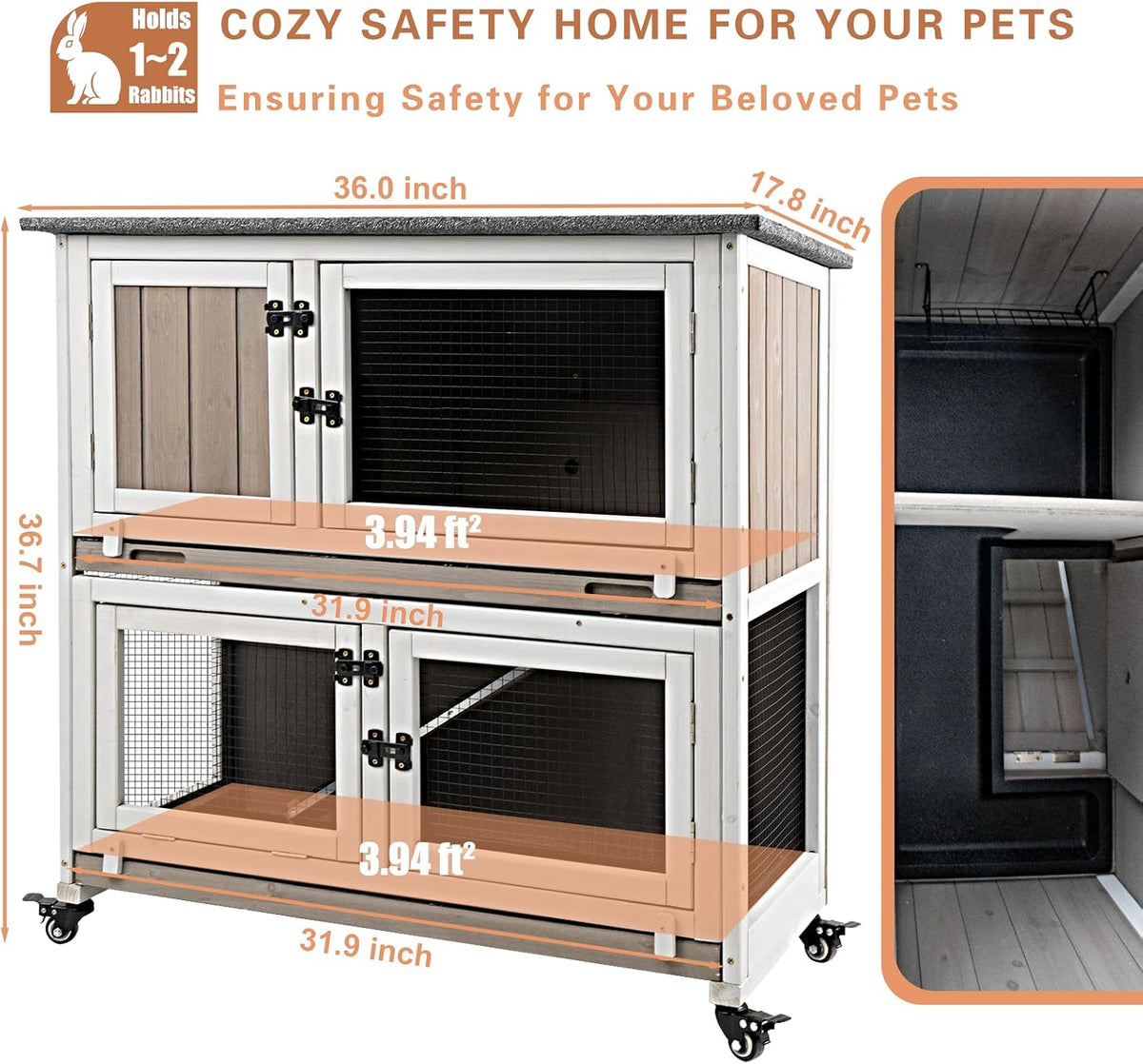 Gowoodhut 36" L Rabbit Hutch, 2-Story Bunny Cage on 4 Wheels