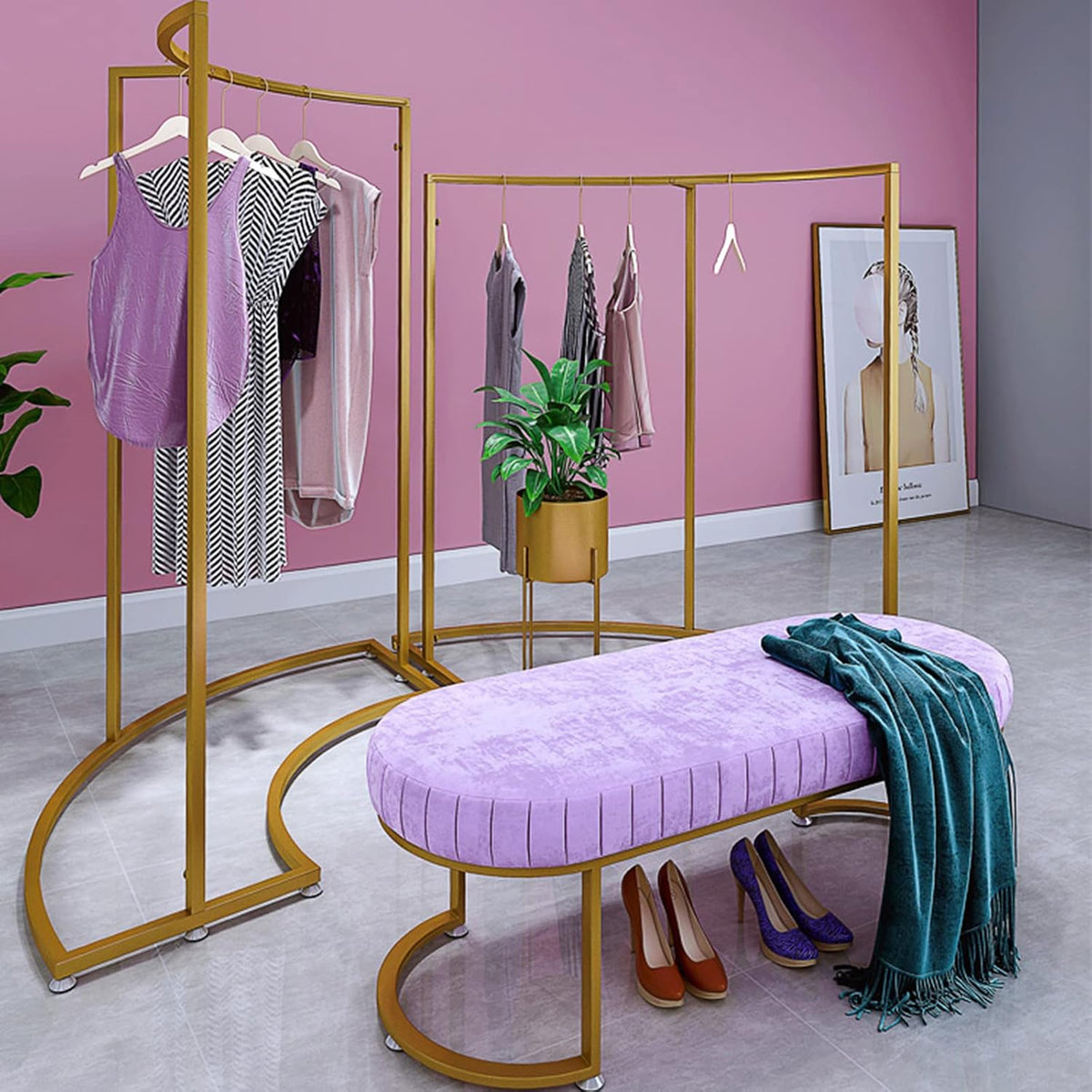 Floorstanding Coat Rack, Minimalism Metal Clothes Hanging Rail, Half Round Single-Pole Clothing Storage Display Rack, for Clothes Store, Gold(Size:87 * 45 * 133CM,Color:Gold)