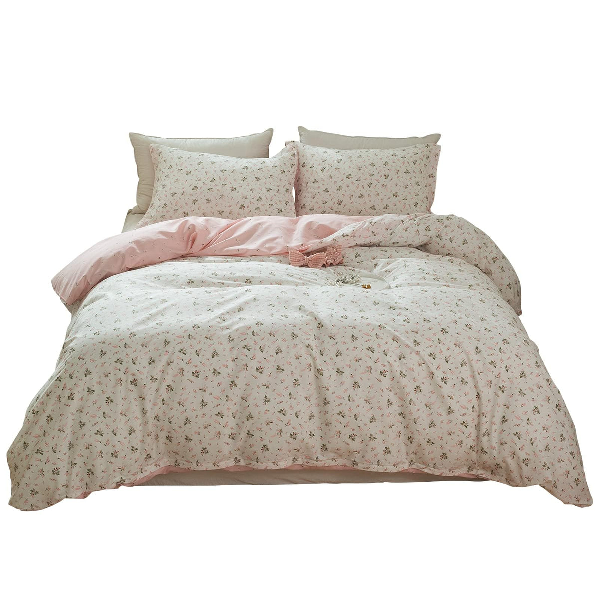 LifeTB Green Floral 100% Jersey Knit Cotton Duvet Cover Queen Vintage Style Botanical Floral Bedding Set Chic Shabby Green Floral Comforter Cover Girl Women Flower Bedding Cover with 2 Pillowcases
