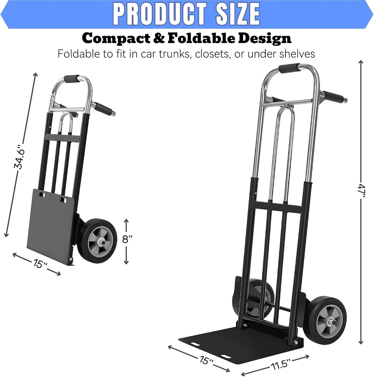 Folding Hand Truck Dolly - 600 LB Capacity, Heavy-Duty Wheels and Compact Design for Moving Heavy Loads in Warehouses, Offices, Homes, and Shopping