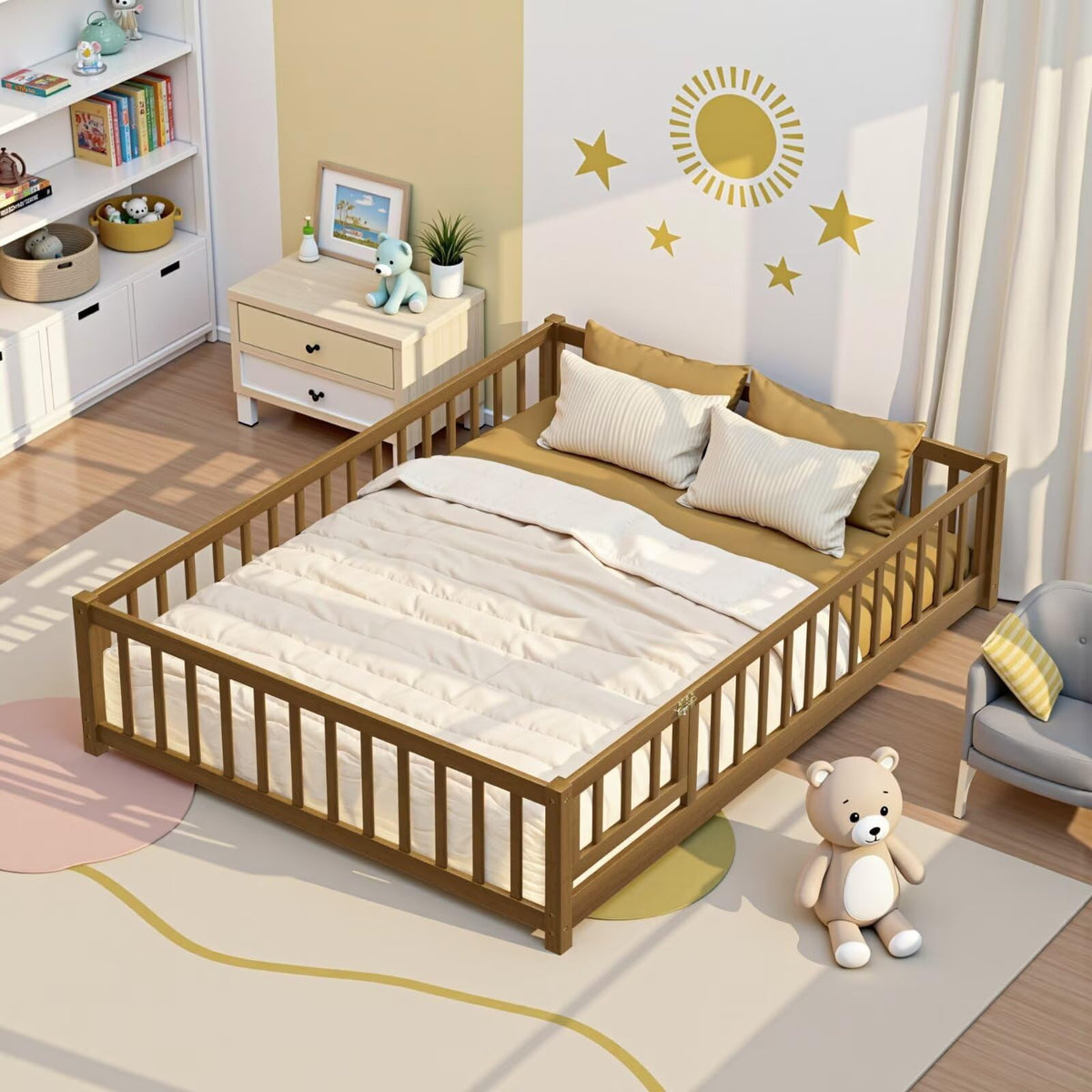 i-POOK Full Size Floor Bed for Children, Solid Wood Montessori Bed Frame with Fence & Door Montessori Floor Bed with Safety Guardrails for Girls and Boys, White (with Bed Slats)