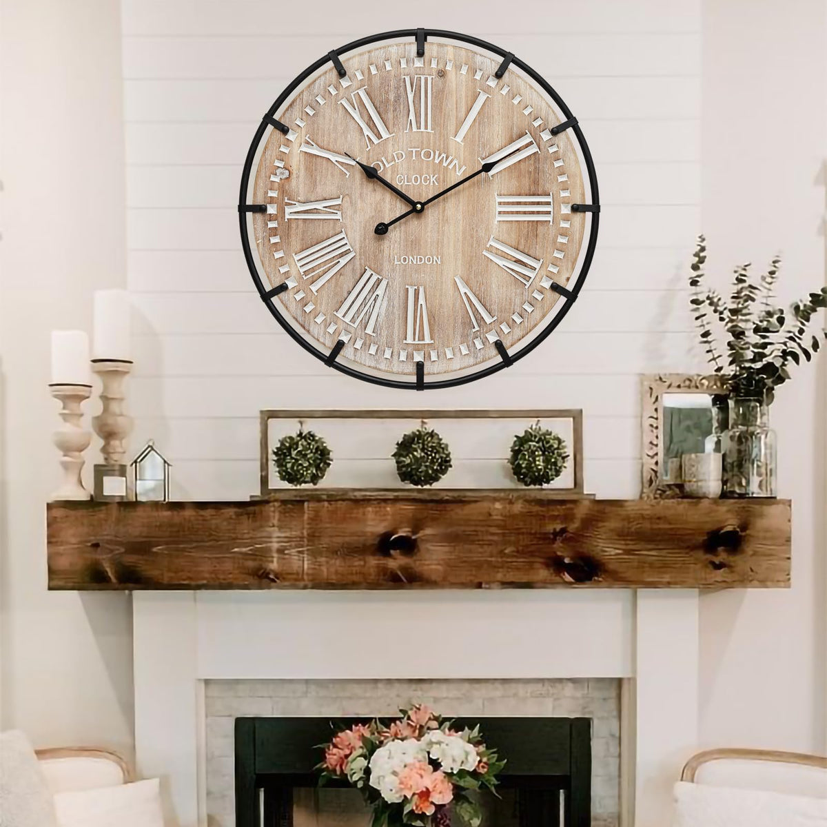 EMAX HOME 30 Inch Extra Large Wall Clock - Farmhouse Rustic Wood & Metal Design Silent Non-Ticking Battery Operated Decorative Oversized Clock for Living Room, Kitchen, Office & Bedroom