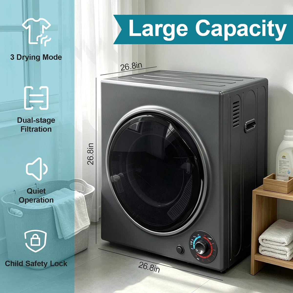 3.0 Cu.Ft Portable Dryer for Clothes, 1500W Dryer, 4 Drying Mode