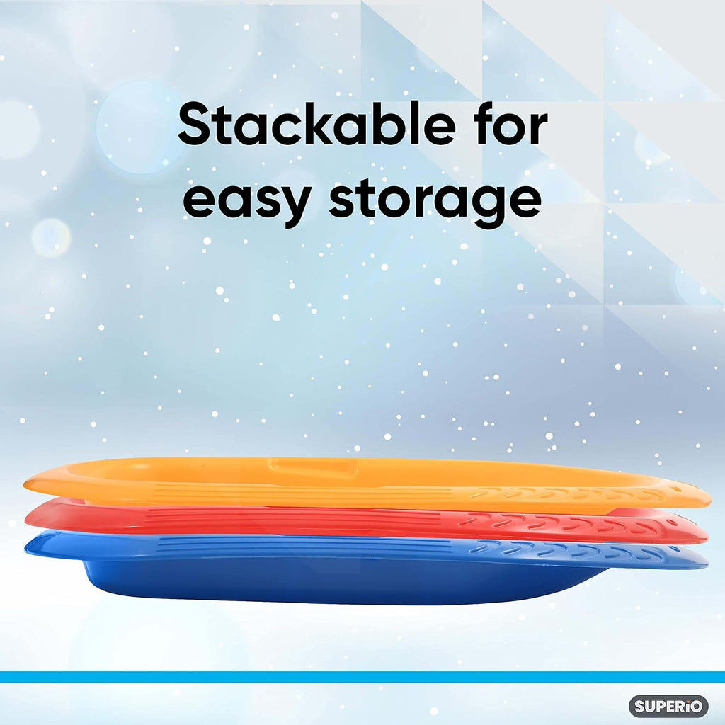 Superio Toboggan Snow Sleds for Kids and Adults, 2 Pack Heavy Duty Plastic Sliders with Handles and Hole for Pull Ropes- Kid and Adult Winter Fun