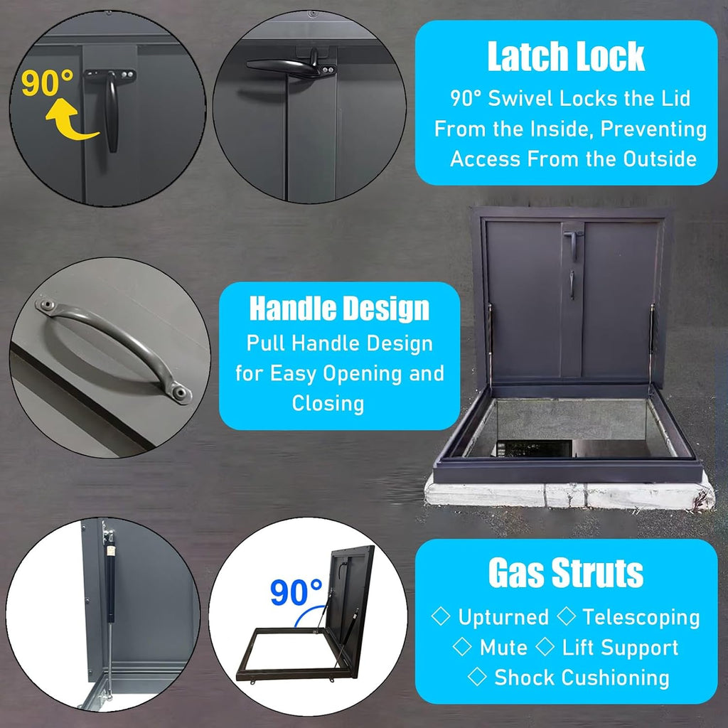 LXLZYXSF Heavy Duty Rooftop Vent Security Door, Galvanized Powder Coated Iron Roof Hatch Cover, Upward Lifting Attic Access Lid, Manhole/Cellars Cap Plate(60x60CM(23.6"x23.6"))