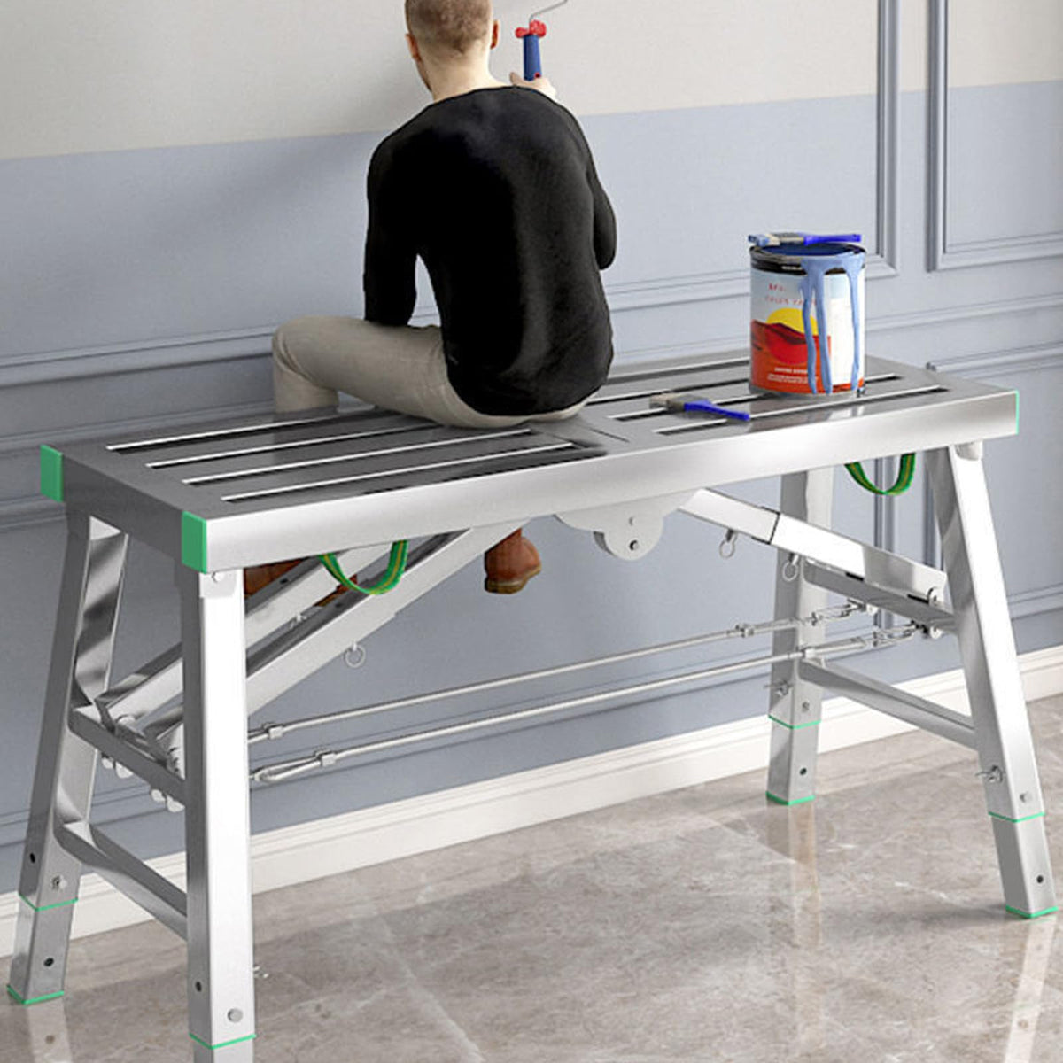 Adjustable Work Platform with 800 lb Duty Rating, Portable Multipurpose Folding Scaffolding Work Platform Scaffold Tower Ladder Stool Bench Adjustable Height, Carbon Steel Structure,180cm/5.9ft