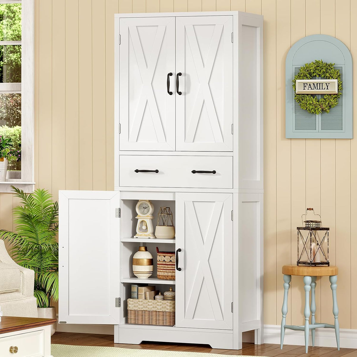 TEENFON Storage Cabinet, Pantry Cabinet with 2 Adjustable Shelves & Large Drawer, Kitchen Pantry Cabinet with 4 Doors, Bathroom Storage Cabinets, for Living Room, White