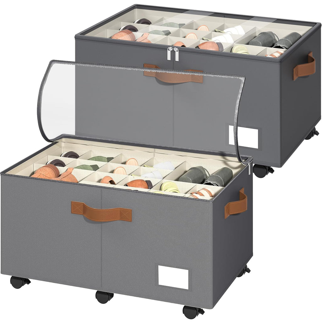 Foyego 2 Pack Shoe Organizer for Closet, Shoe Storage with Wheels, Gray
