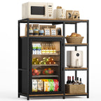 30" Kitchen Small Bakers Rack with Power Outlet & LED Light, 6-Tier Microwave Stand with Storage Drawer, Coffee Bar Shelf with 8 S-Shaped Hooks, Metal Kitchen Storage Shelf, Rustic Brown