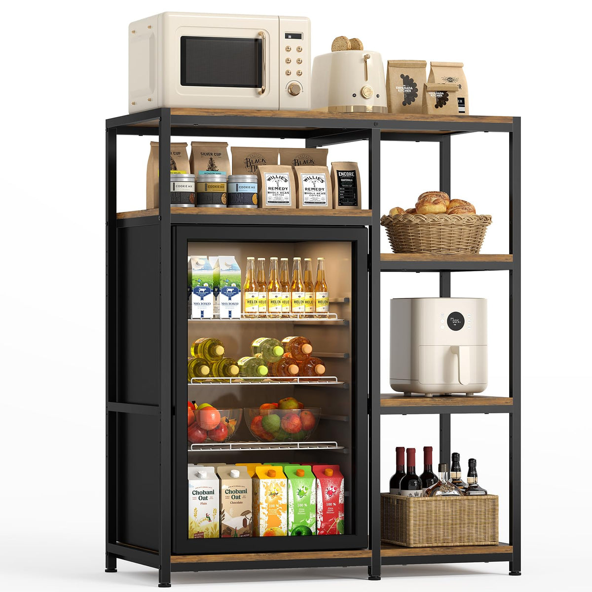 30" Kitchen Small Bakers Rack with Power Outlet & LED Light, 6-Tier Microwave Stand with Storage Drawer, Coffee Bar Shelf with 8 S-Shaped Hooks, Metal Kitchen Storage Shelf, Rustic Brown