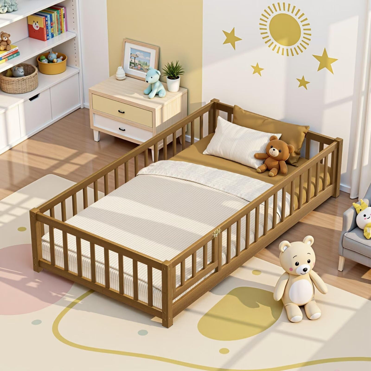 i-POOK Twin Floor Bed for Children, Sturdy Wood Montessori Bed Frame with Wood Slats, High Fence & Small Door, Montessori Floor Bed for Girls and Boys, White