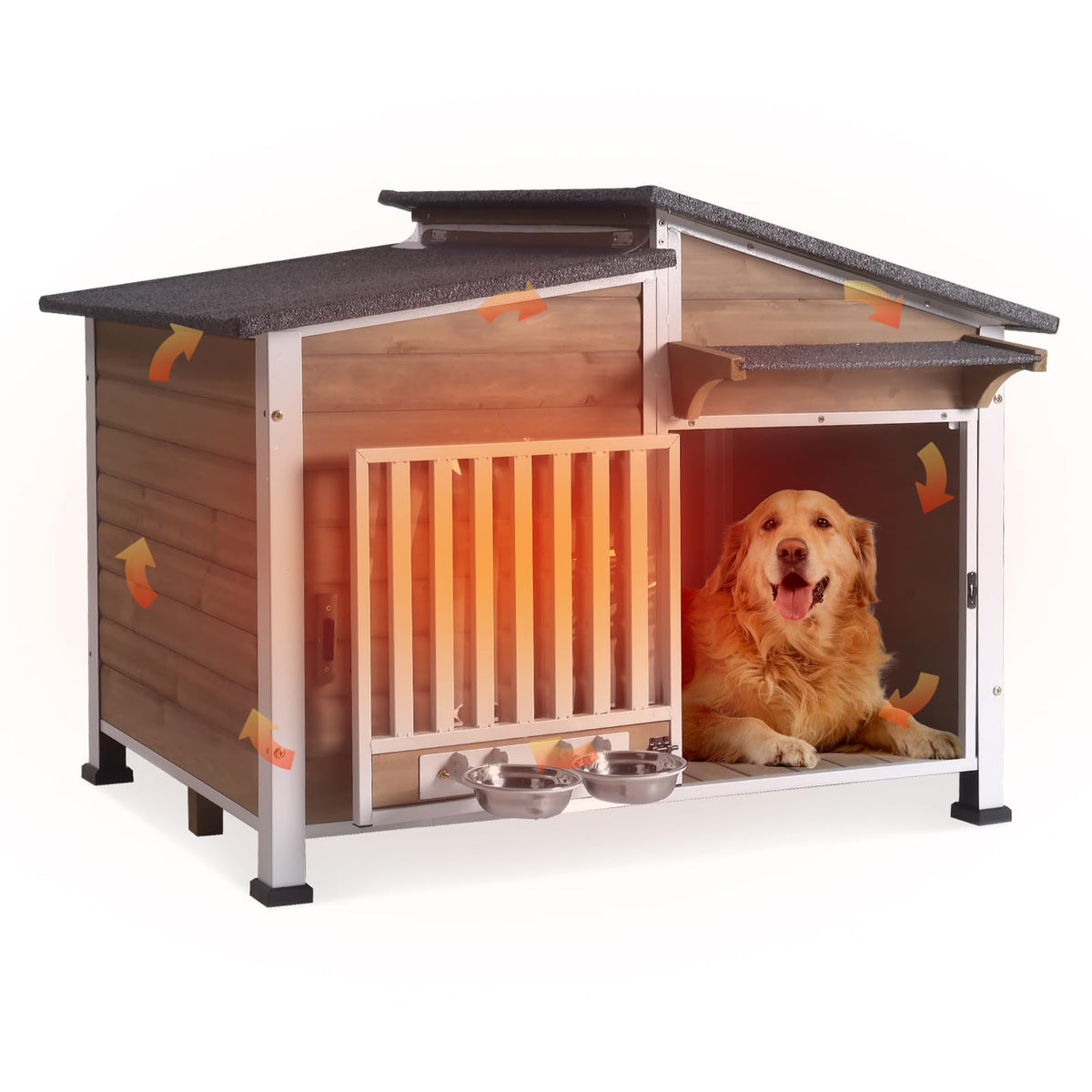 GUTINNEEN Heated Dog House Outdoor Insulated Dog House Weatherproof Dog Kennel with Thermostat-Controlled Heating Pad, 6-Sided Thermal Liner, Chew-Proof Metal Frame for Dogs
