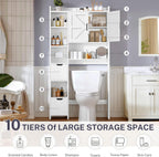 TEENFON Over the Toilet Storage Cabinet with 2 Removable Drawers, Above Toilet Storage Cabinet with 10 Storage Shelves, Taller Wooden Free Standing Bathroom Storage, Laundry Room Storage Shelf, White