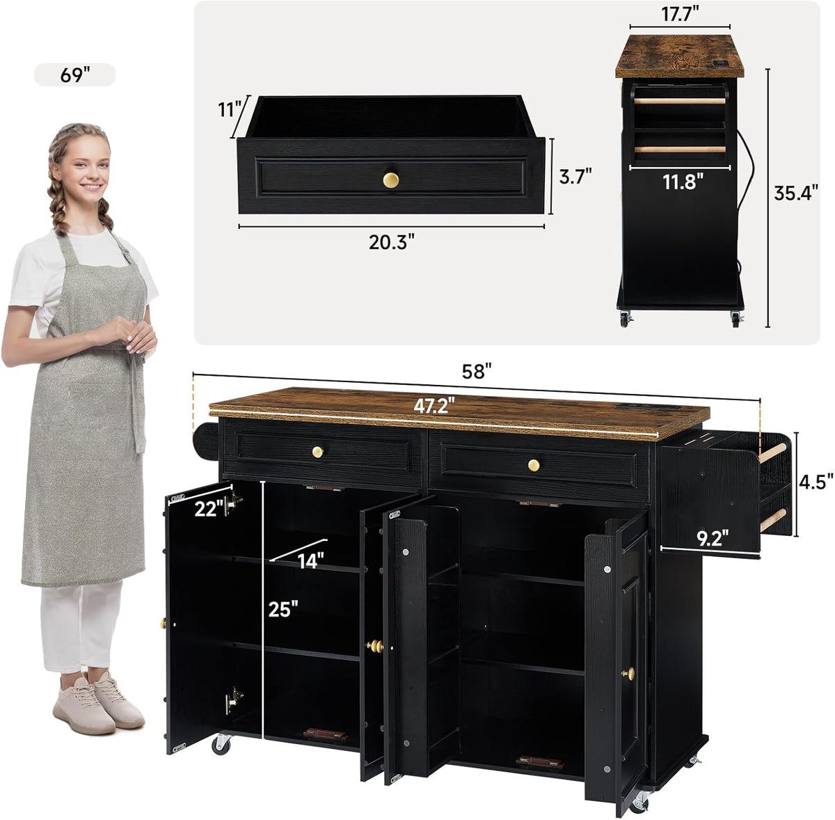 ONBRILL 58" Kitchen Island with Power Outlet, Rolling Kitchen Cart, Black