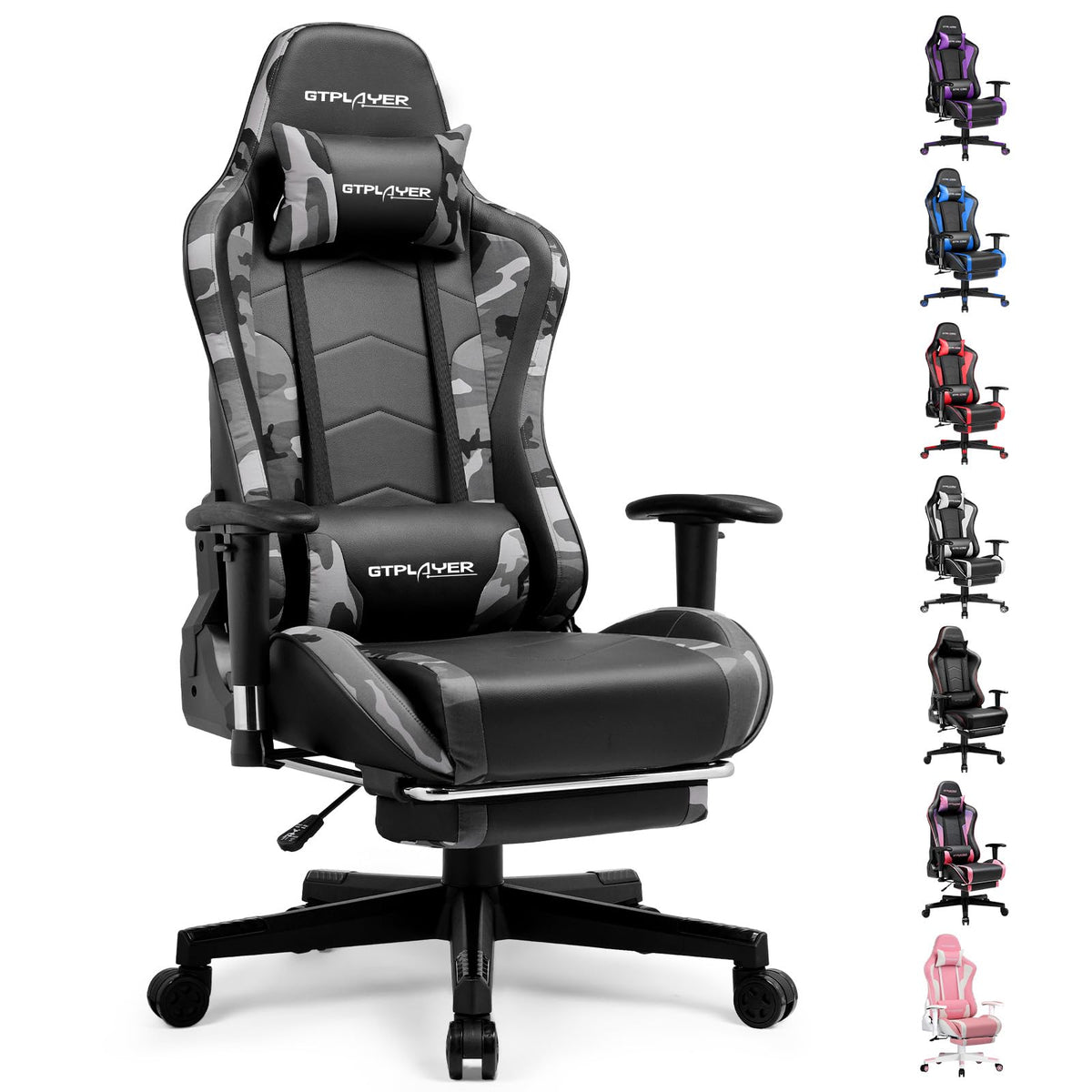 GTPLAYER Gaming Chair with Footrest, Ergonomic Computer Game Desk Chair, Reclining Gamer Chair Seat Height Adjustment, Swivel Rocker with Headrest and Lumbar (Gray)