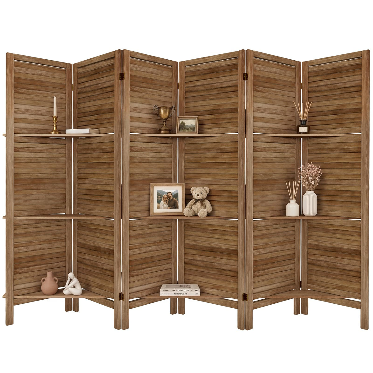 TEAKMAMA Room Divider, Room Divider with Shelves, 4 Panel,Distressed White
