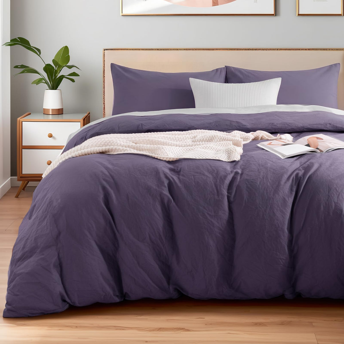NEXHOME PRO Duvet Cover Set Queen Size Linen Look Textured 100% Washed Cotton Duvet Cover Burgundy Dark Red 3 Pieces Bedding Set with Zipper Closure,Breathable, Soft Organic Natural(No Comforter)