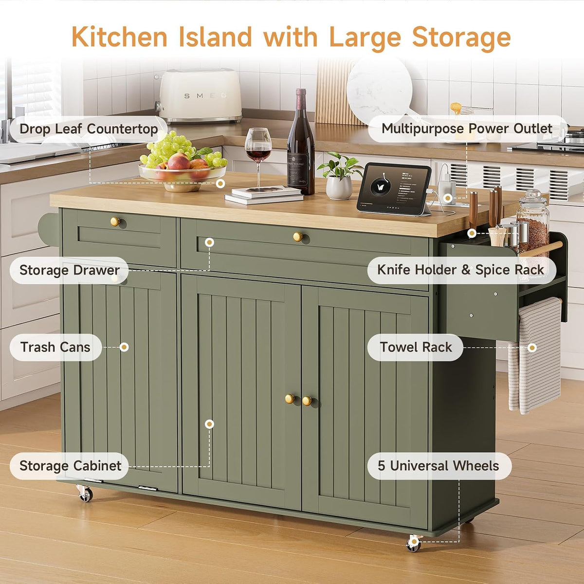 ONBRILL 60" Kitchen Island with Trash Can Storage, Rolling Island Table