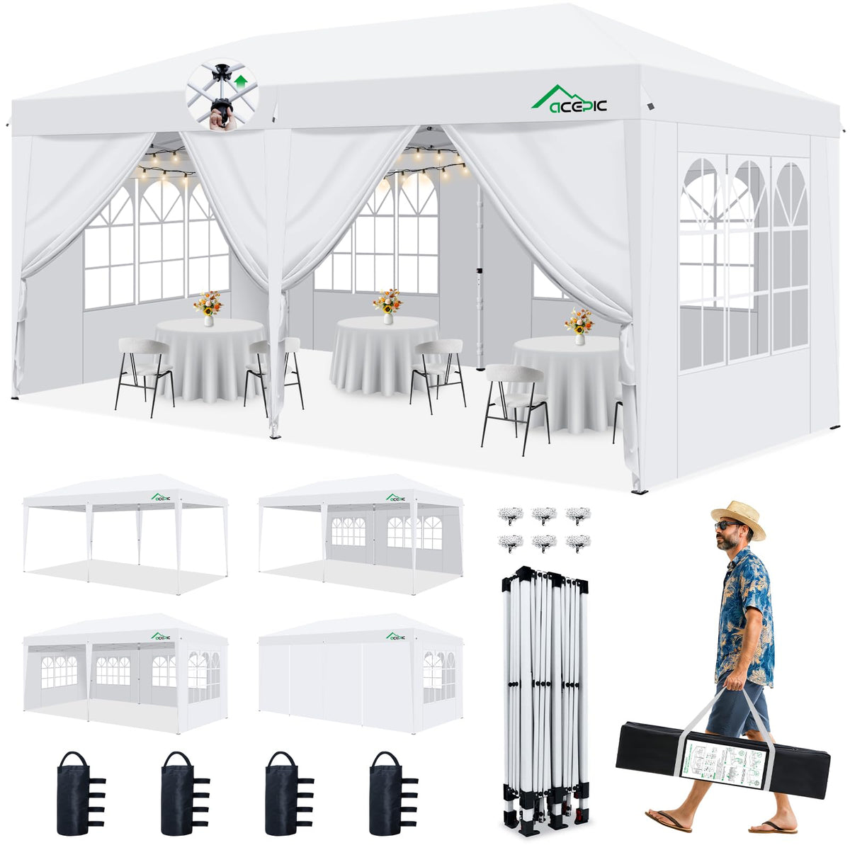 Acepic 10x10 Pop Up Canopy Tent, Easy Setup Portable Shelter, White, 10*10