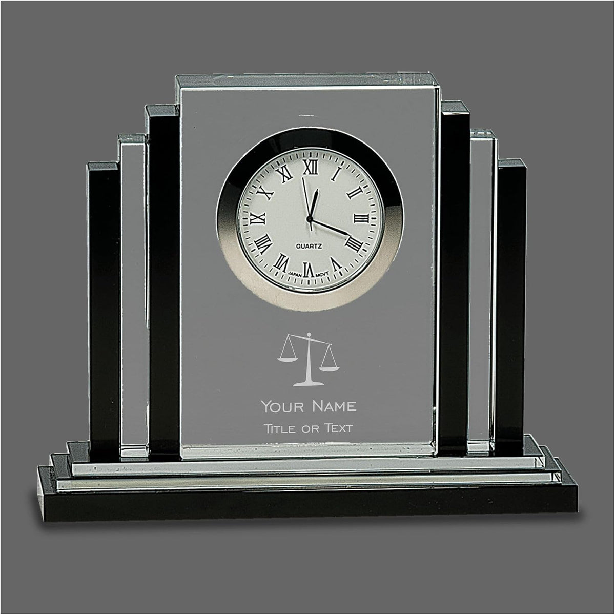 Personalized Crystal Clock for Lawyer Attorney, Engraved Glass Desk Clock with Scales of Justice and Custom Text, Office Decor, Graduation Gift