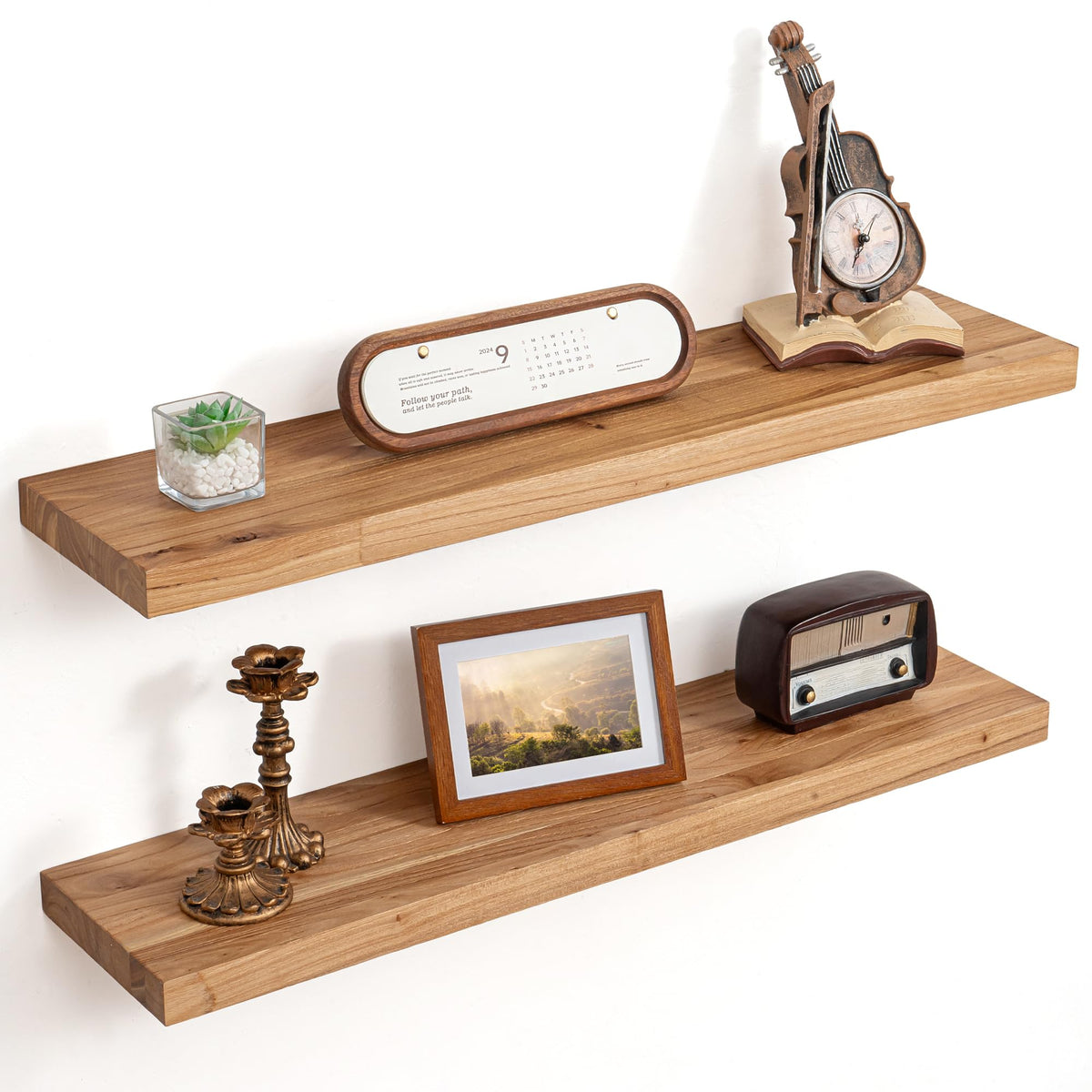Floating Shelves for Wall, Solid Elm Wood Shelves, 24in Set of 2, Natural