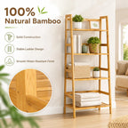 4-Tier Bamboo Bookshelf Ladder Shelf Plant Stand Rack, Wood Bookshelf Natural Wood Shelving Unit, Space-Saving Leaning Bookcase with Sturdy Frame, Bamboo Shelf Decorative Display R