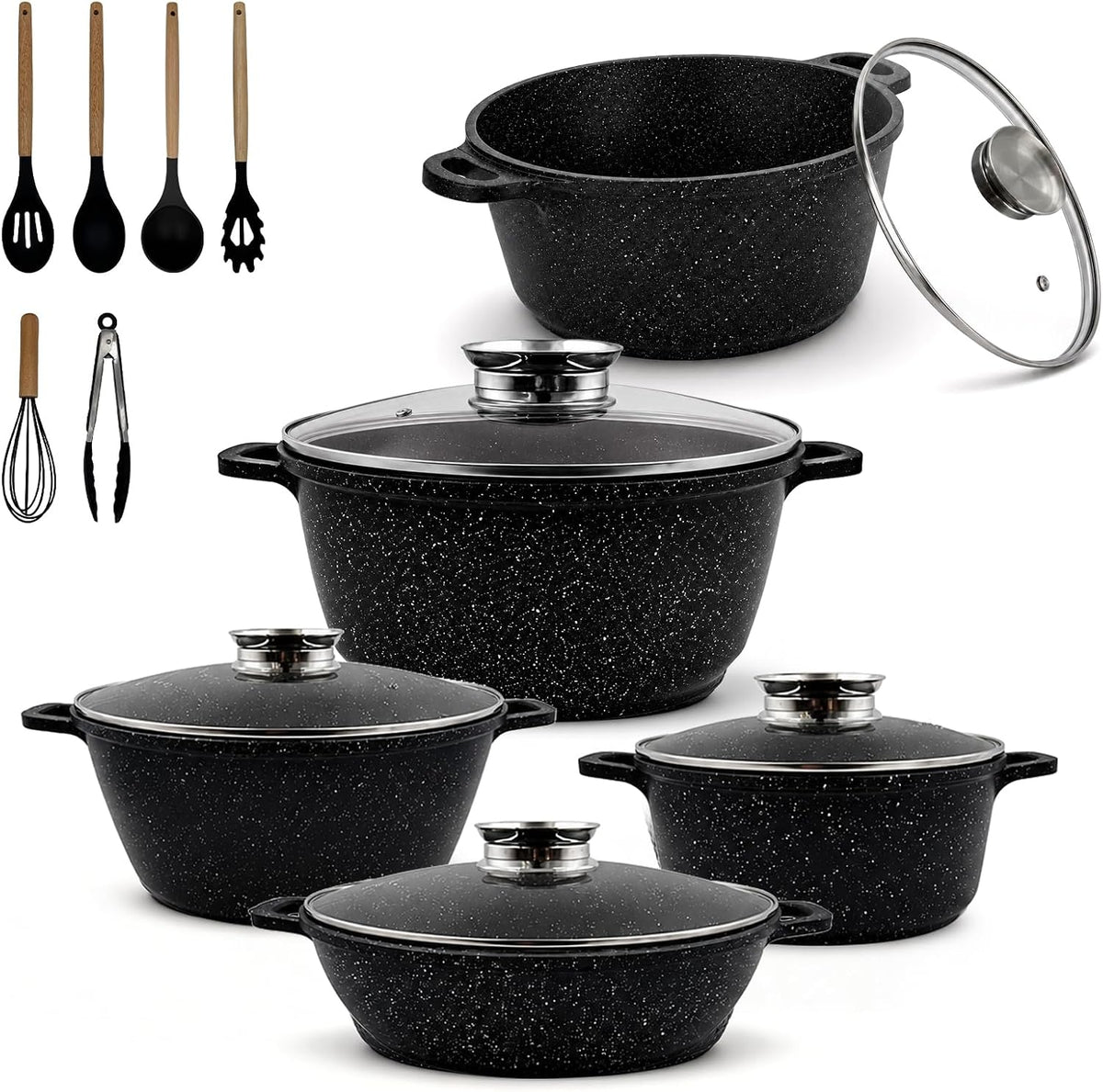 16PCS Nonstick Pots and Pans Set, Premium Nonstick Cookware with Lids and Utensils, 2.4QT to 8.8QT Casseroles, Healthy Kitchen Cookware Set, Dishwasher Safe, Induction Compatible, Black