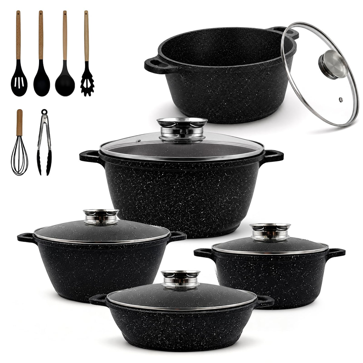 16PCS Nonstick Pots and Pans Set, Premium Nonstick Cookware with Lids and Utensils, 2.4QT to 8.8QT Casseroles, Healthy Kitchen Cookware Set, Dishwasher Safe, Induction Compatible, Black