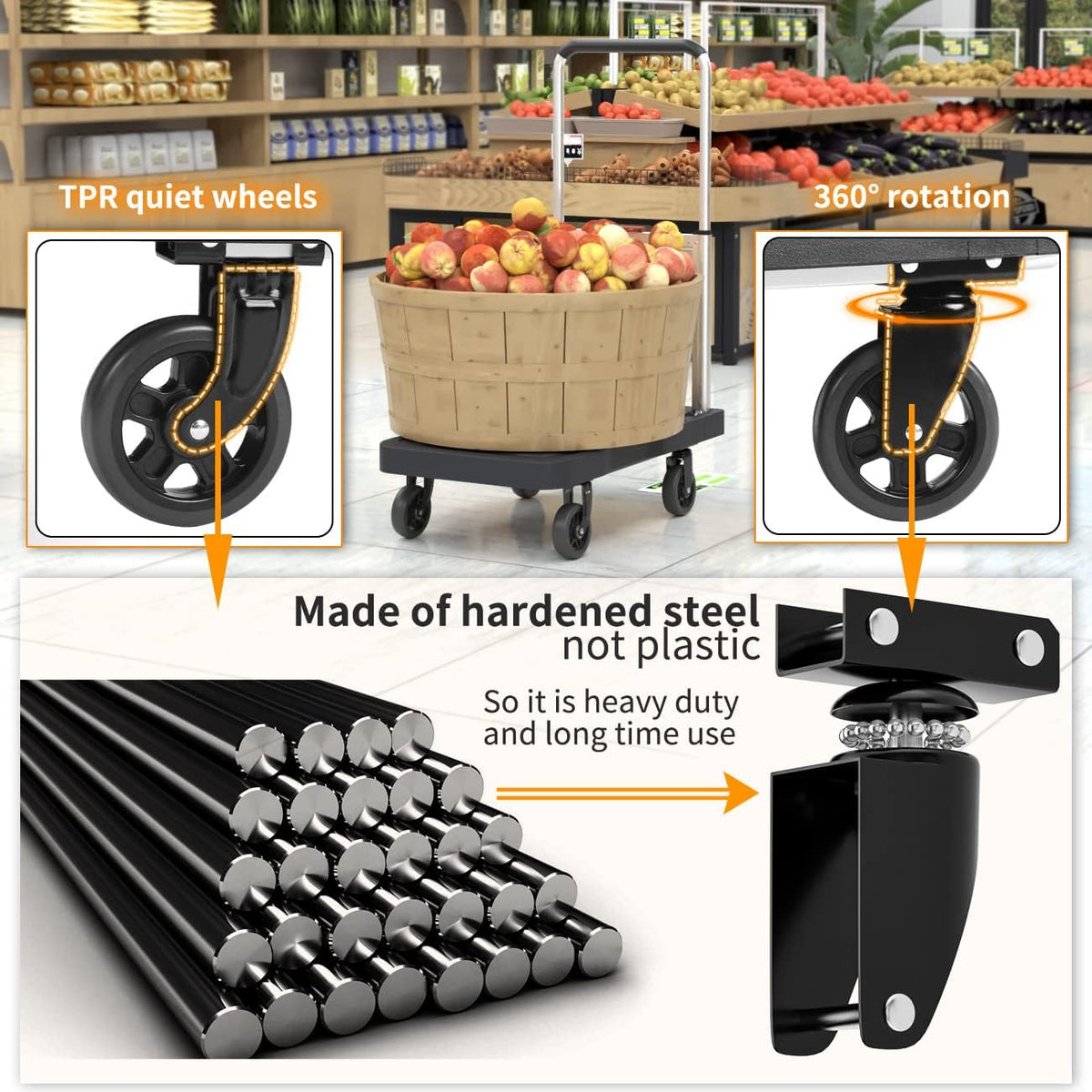 Platform Truck Foldable Push Cart Dolly 330lb Weight Capacity, Adjustable Hand Truck Handle with 360 Degree Swivel Wheels for Garage Garden Home & Office Use, Black