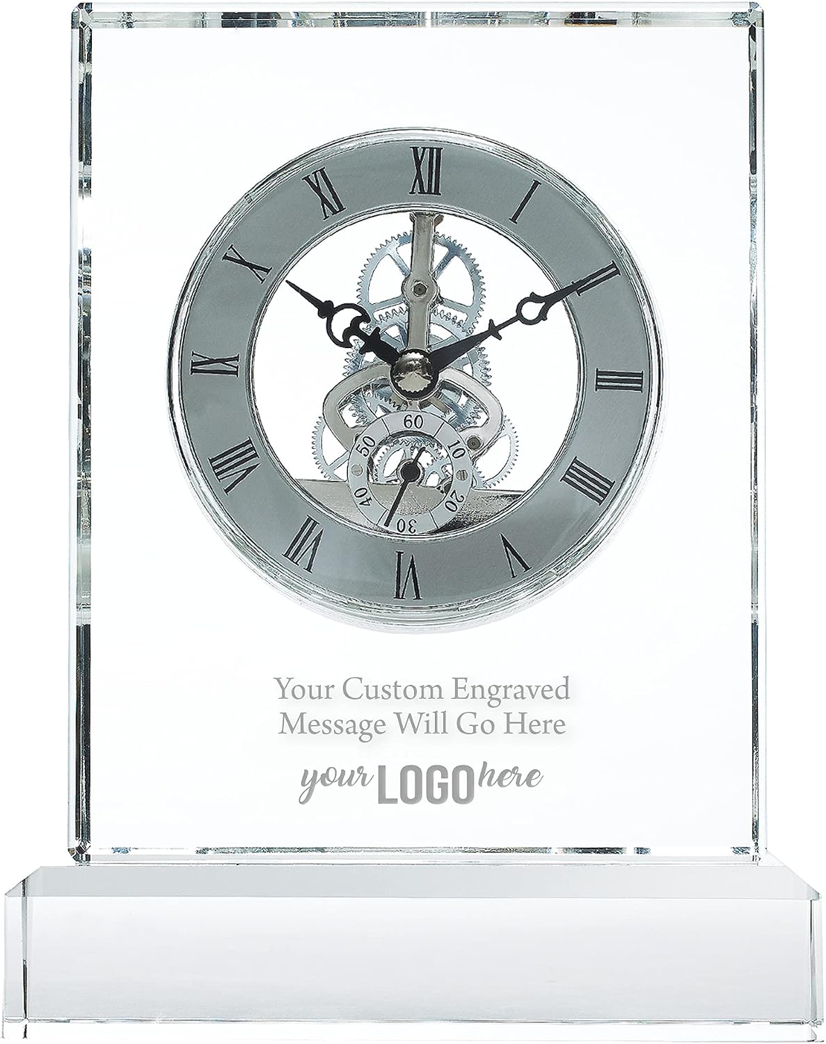 Custom Engraved Clock Trophy - Executive Crystal - Rectangular Shaped on a Rectangular Base - Gold Inset - Add Your Logo