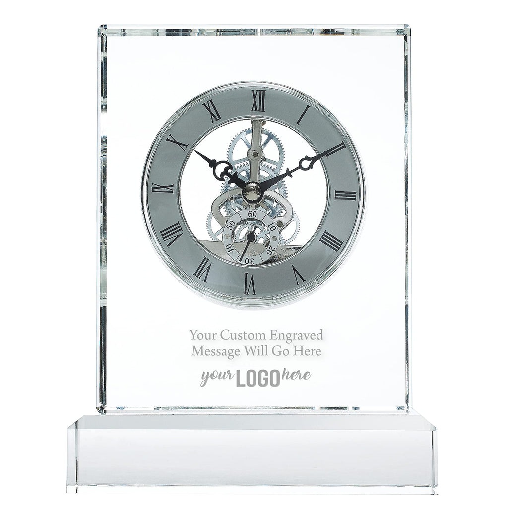 Engraved Clock Trophy - Gold Executive Crystal - Round Beveled Skeleton