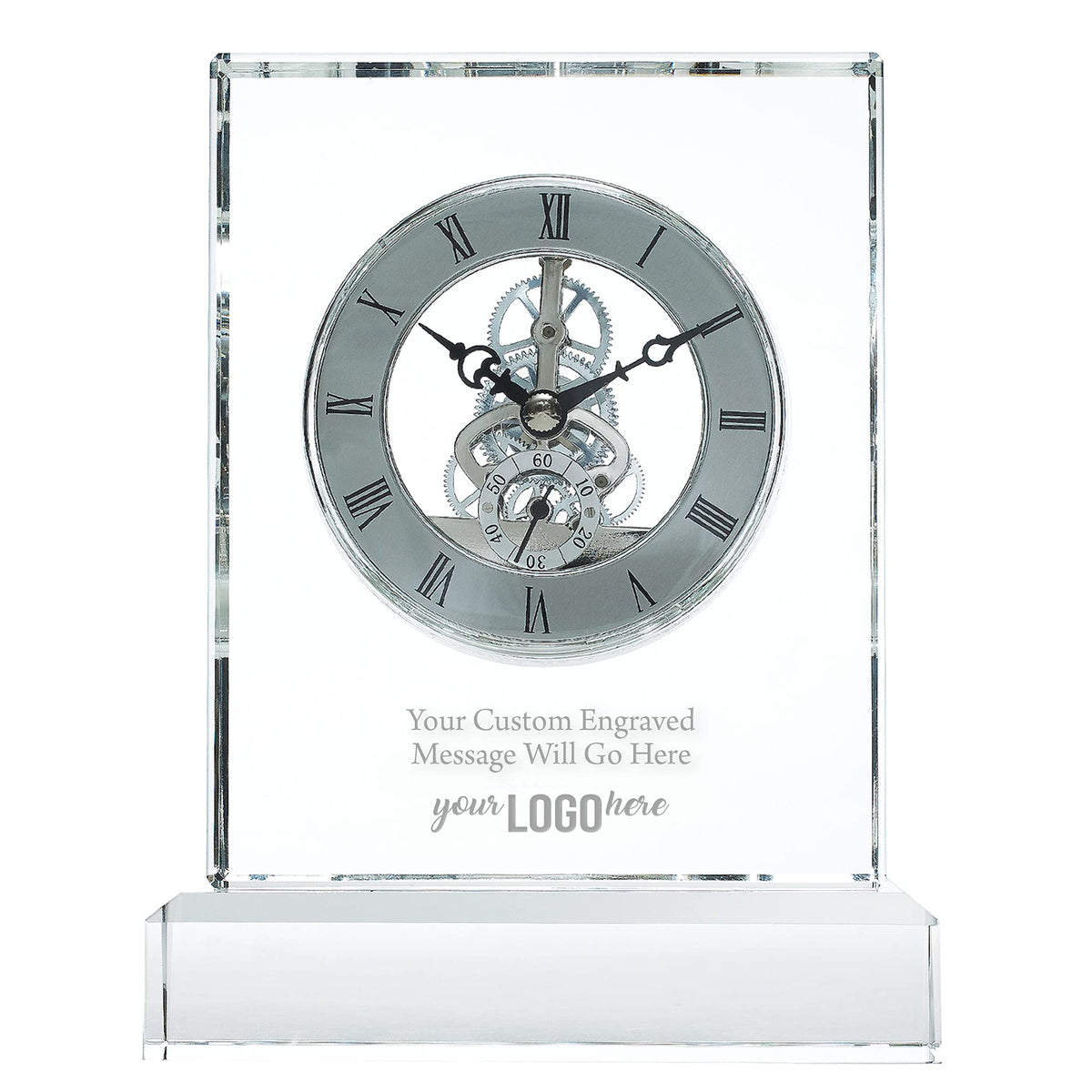 Engraved Clock Trophy - Gold Executive Crystal - Round Beveled Skeleton