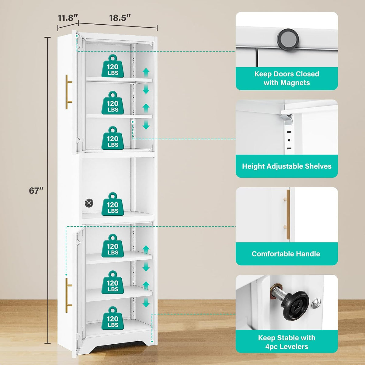 SISESOL 67" Tall Narrow Bathroom Storage Cabinet, 2 Door and 7 Shelves Slim Kitchen Pantry Cabinet, White Metal Bathroom Cabinets,Large Cupboard for Home,Kitchen,Laundry,Bathroom