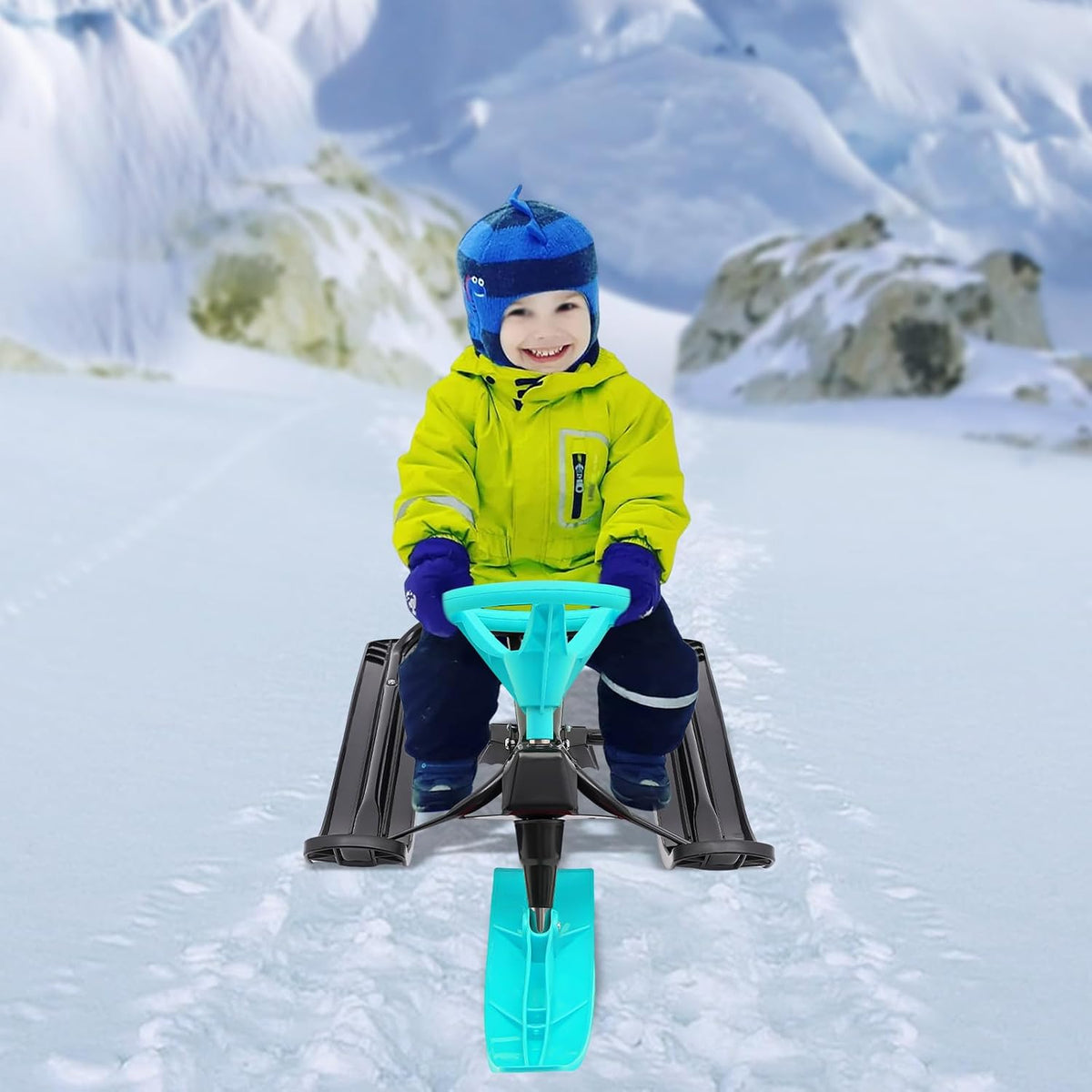 Snow Racer Sled, 18 in Ski Sled Slider Board with Flexible Steering Wheel, Two Serrated Brakes for Kids and Adult, Kids Teens Winter Sport Ski Sled Board- Ideal Gift - Max Weight 220.5lb