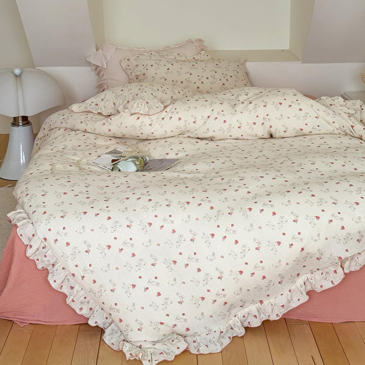 Floral Duvet Cover Set Muslin Cotton Queen(90"x90"),Pink Flower