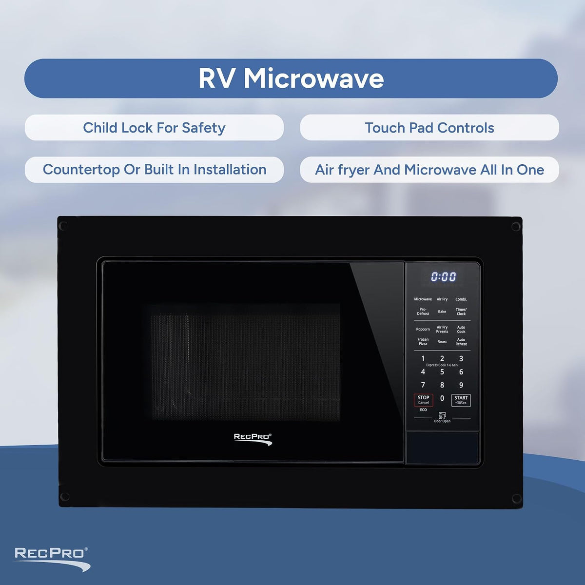 RecPro RV Air Fry Microwave 1.0 Cu Ft, 900W Black
